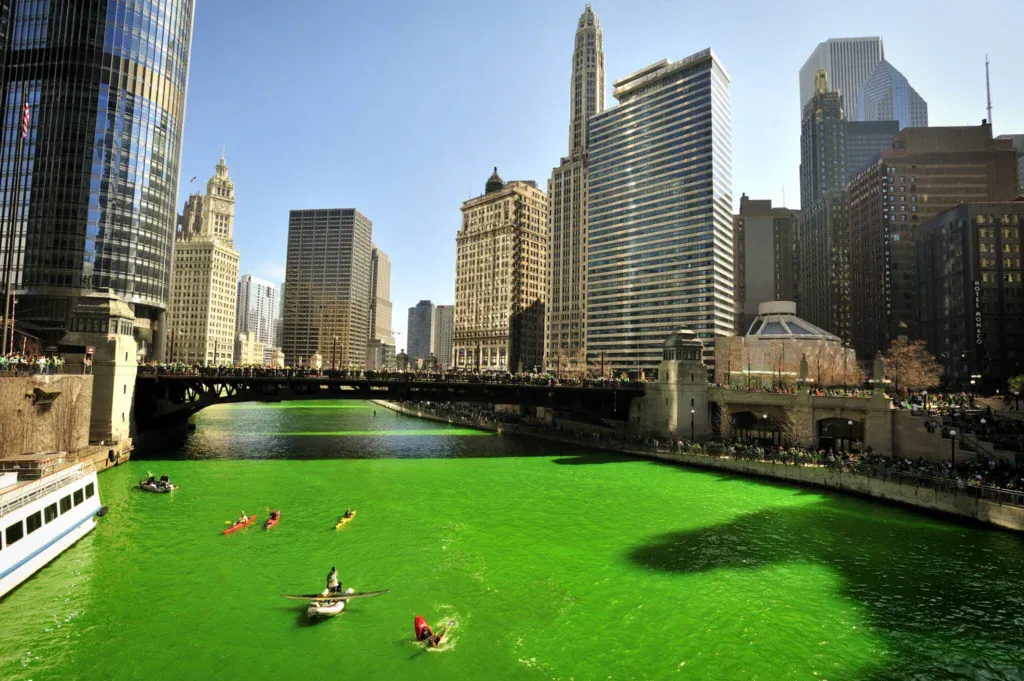 The Chicago River is dyed green to celebrate St. Patrick's Day.