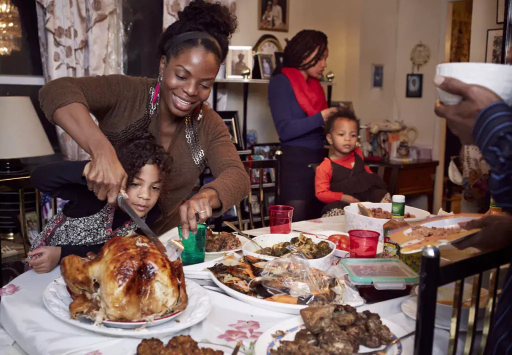 Family enjoying their Thanksgiving feast.