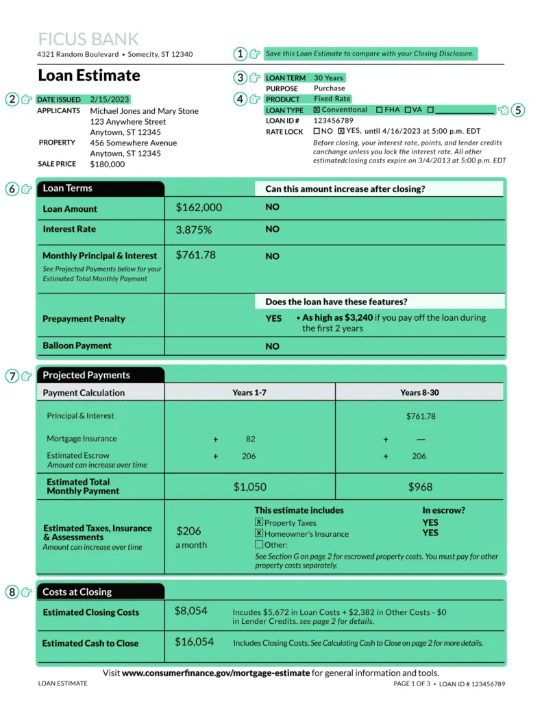Page 1 of sample loan estimate