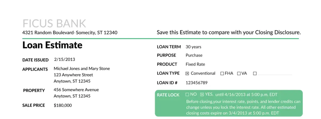 Example of how rate lock option may appear in document